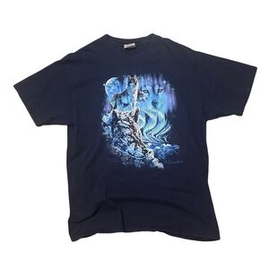 Hanes Beefy T Alaska Wolves Aurora Borealis‎ Graphic T Shirt Adult L